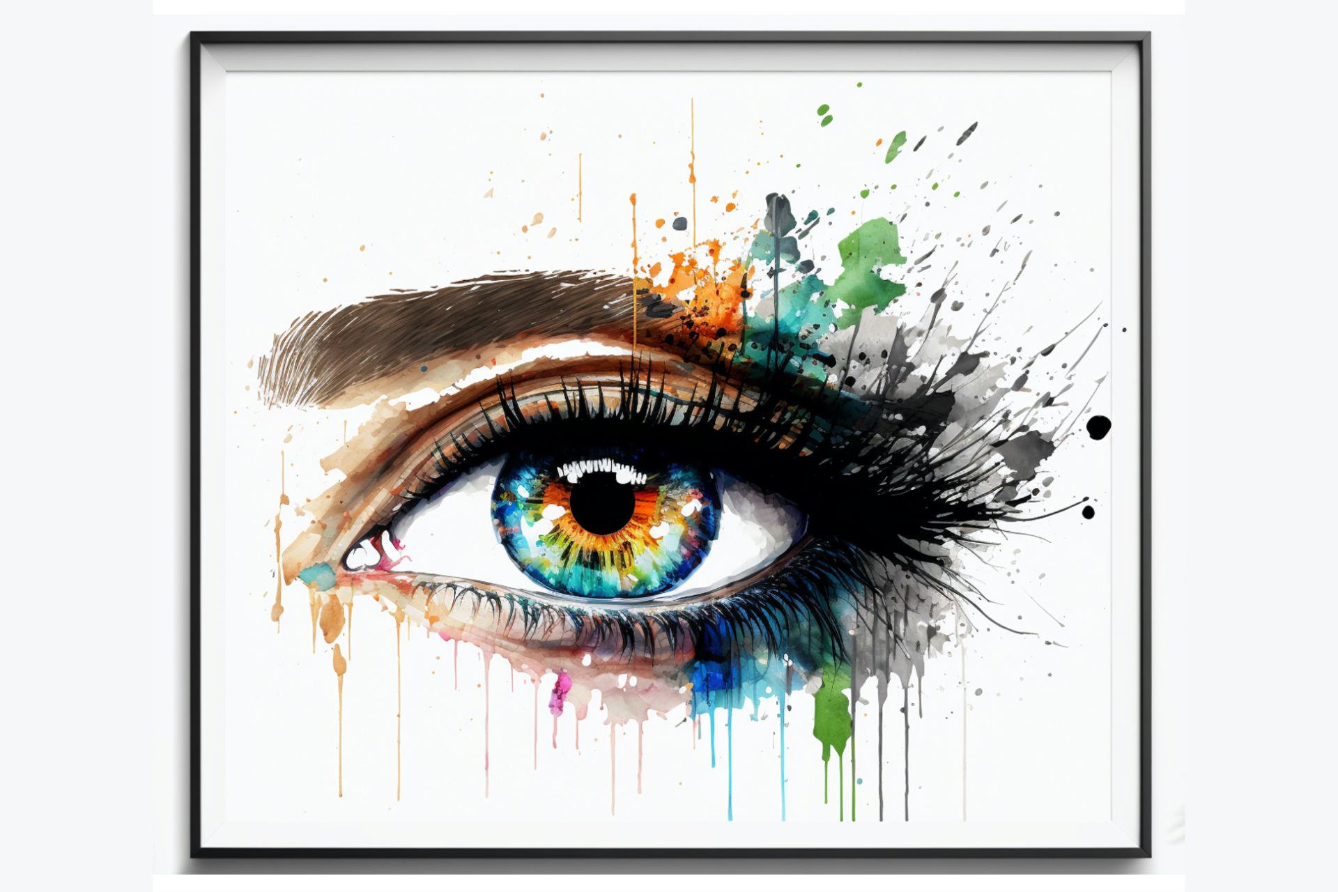 a painting of a woman’s eye, paint smears are makeup, pencil, ink and watercolour, white background