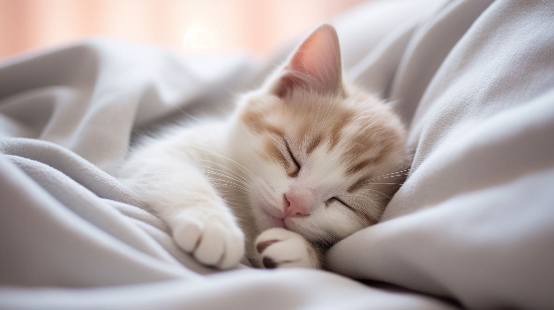 A cute kitten sleeping and tucked up in a light blanket